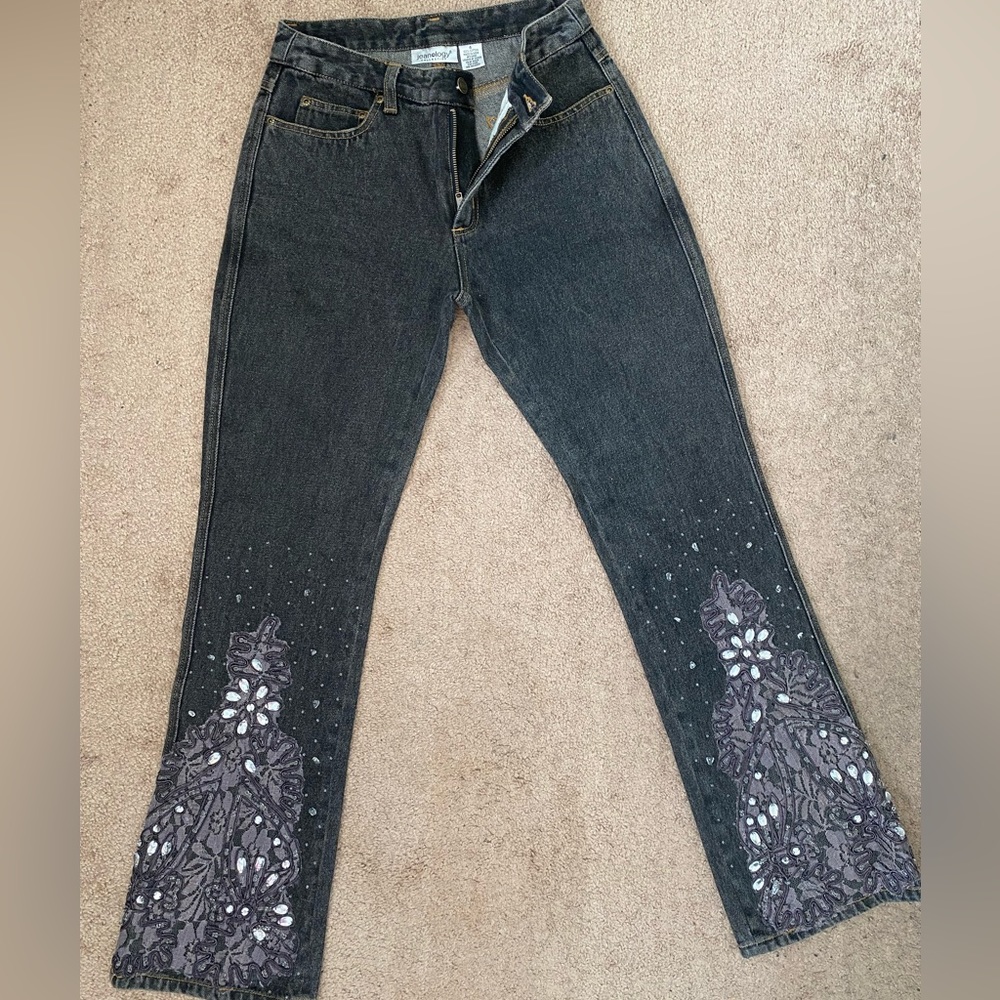High Rise Rhinestone Design Black Denim Jean